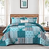 Dintszyayue Teal Patchwork Quilt Set King Size,3 Pieces Turquoise Boho Bedspread Coverlet Set Plaid Bohemian Quilt Bedding Set Reversible Bed Cover Soft Lightweight Coverlet Set (King,104"x90")