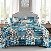 Mybedsoul Dusty Blue Quilt Set King Size, 3 Pieces Plaid Floral Bedspread Set Patchwork Reversible Bedding Set Microfiber Lightweight Bedspread Coverlet Set for All Season 110"x90"