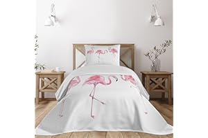 Lunarable Pink Flamingo Coverlet Set Twin Size, Exotic Birds Watercolors Nature of Brazil Rainforests Aloha Wildlife, 2 Piece Decorative Quilted Bedspread Set with 1 Pillow Sham, Pink White