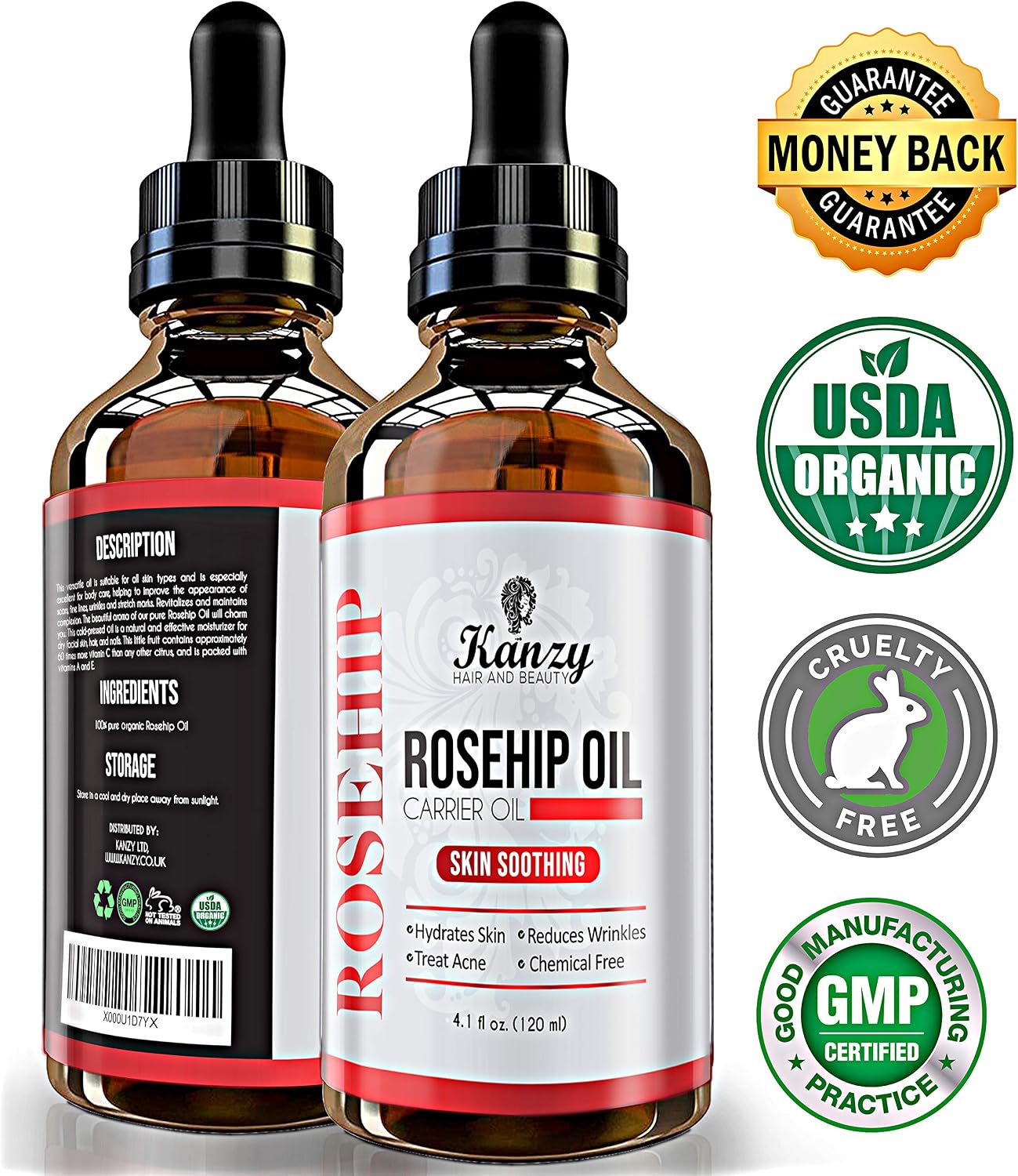 Kanzy Rosehip Oil for Face 120ml Rosehip Oil Cold Pressed Rose Hip Oil for Face 100% Pure Vegan Cruelty Free for Skin Hair - Image 3
