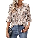 Riyiper Women's 3/4 Bell Sleeve Tops Pleated V Neck Summer Loose Dressy Casual Shirts Spring Trendy Ruffle Sleeve Blouse