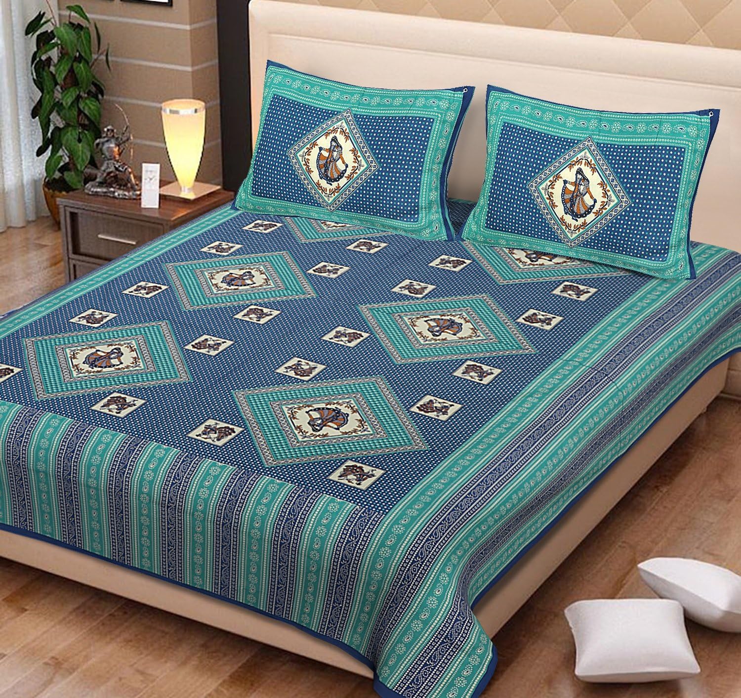 Indian Exclusive Self Design Printed Traditional Cotton Bedsheet Set of 1 Bedsheet & 2 Pillow Cover. (Blue)