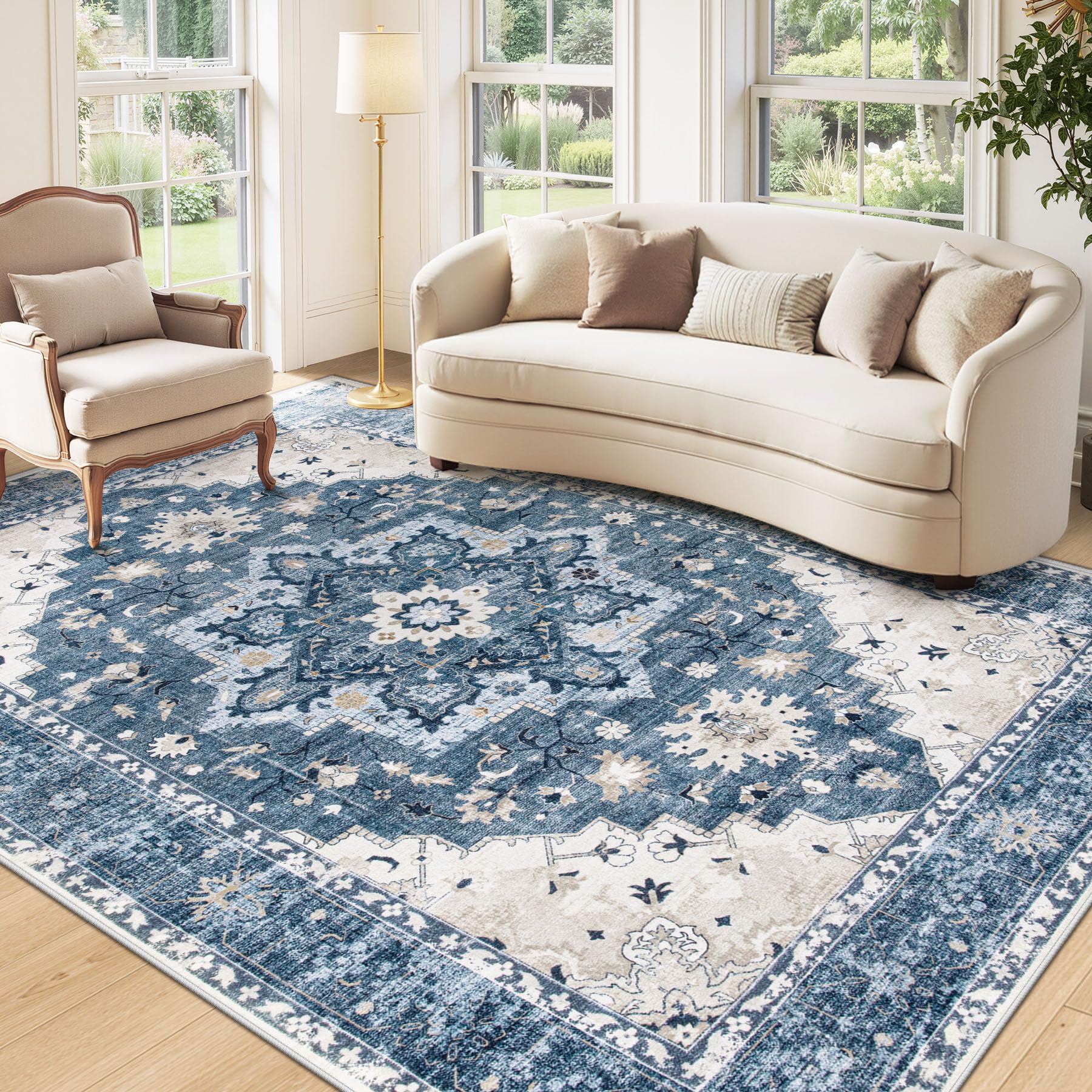 Area Rug 5x7 Vintage Rug: Washable Indoor Medallion Rugs Low Pile Distressed Floor Carpet Retro Accent Rug for Living Room Bedroom Kitchen Dining Table Home Office(Blue, 5'x7') Image