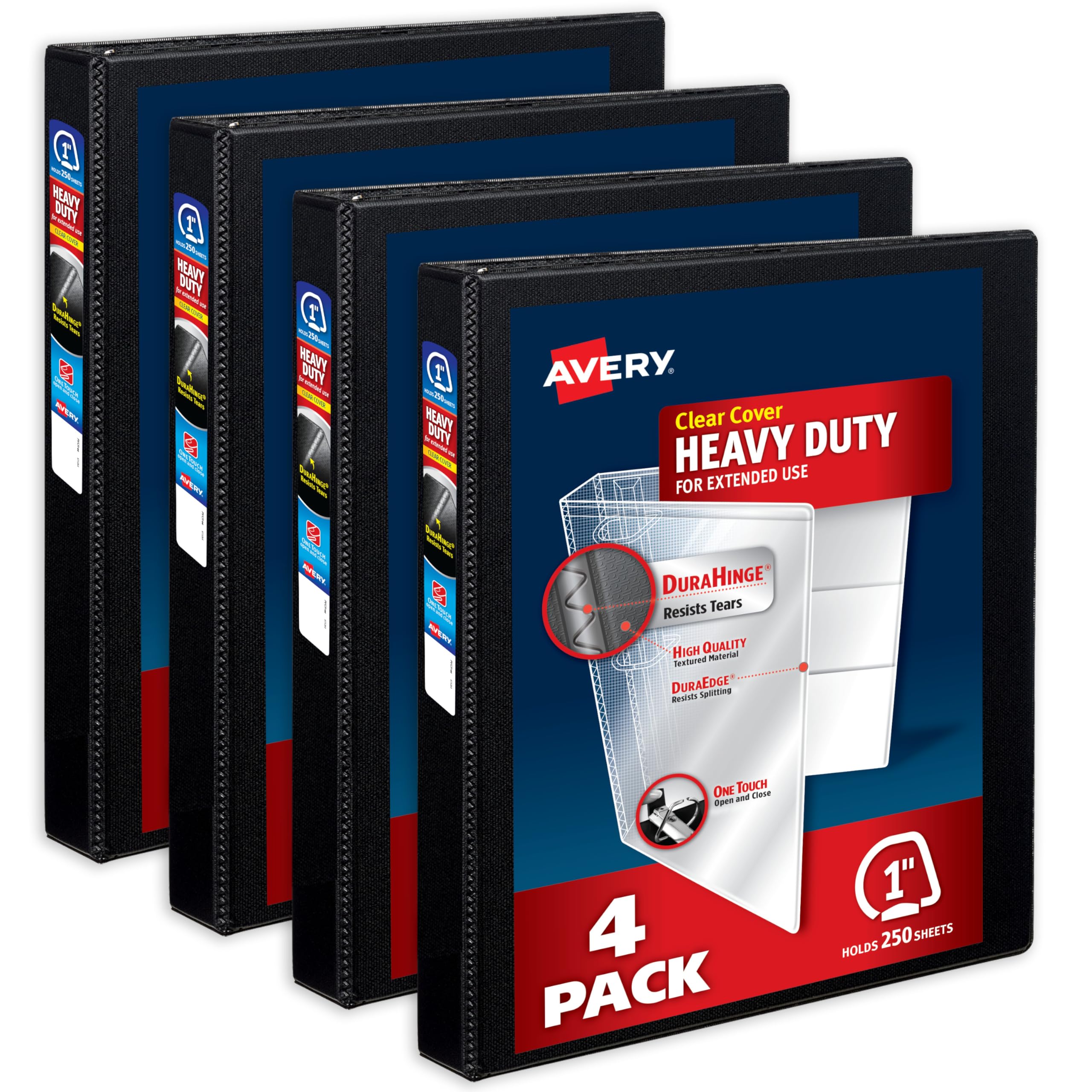 Avery Heavy-Duty View 3 Ring Binders, 1 Inch One Touch Slant Rings, DuraHinge, 1.4 Inch Wide Spine, Customizable Clear Cover and Spine, Black Binders (4-Pack of 79868)