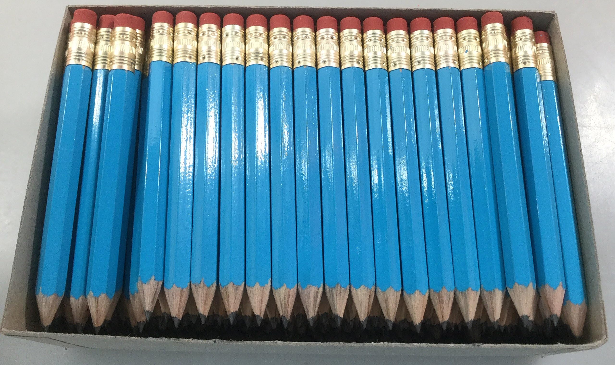 Half Pencils with Eraser - Golf, Classroom, Pew, Pocket -#2 Hexagon, Sharpened, Box of 144 (1 gross) Color Choice: Sky Blue
