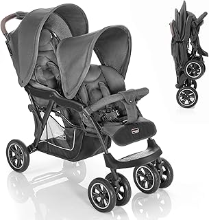 Hoco Tandem Geschwisterwagen Zwillingswagen - leichter Buggy für 2 Kinder/schmaler und wendiger Geschwisterkinderwagen, klein zusammenklappbar mit Einhand-Faltmechanismus - Grau