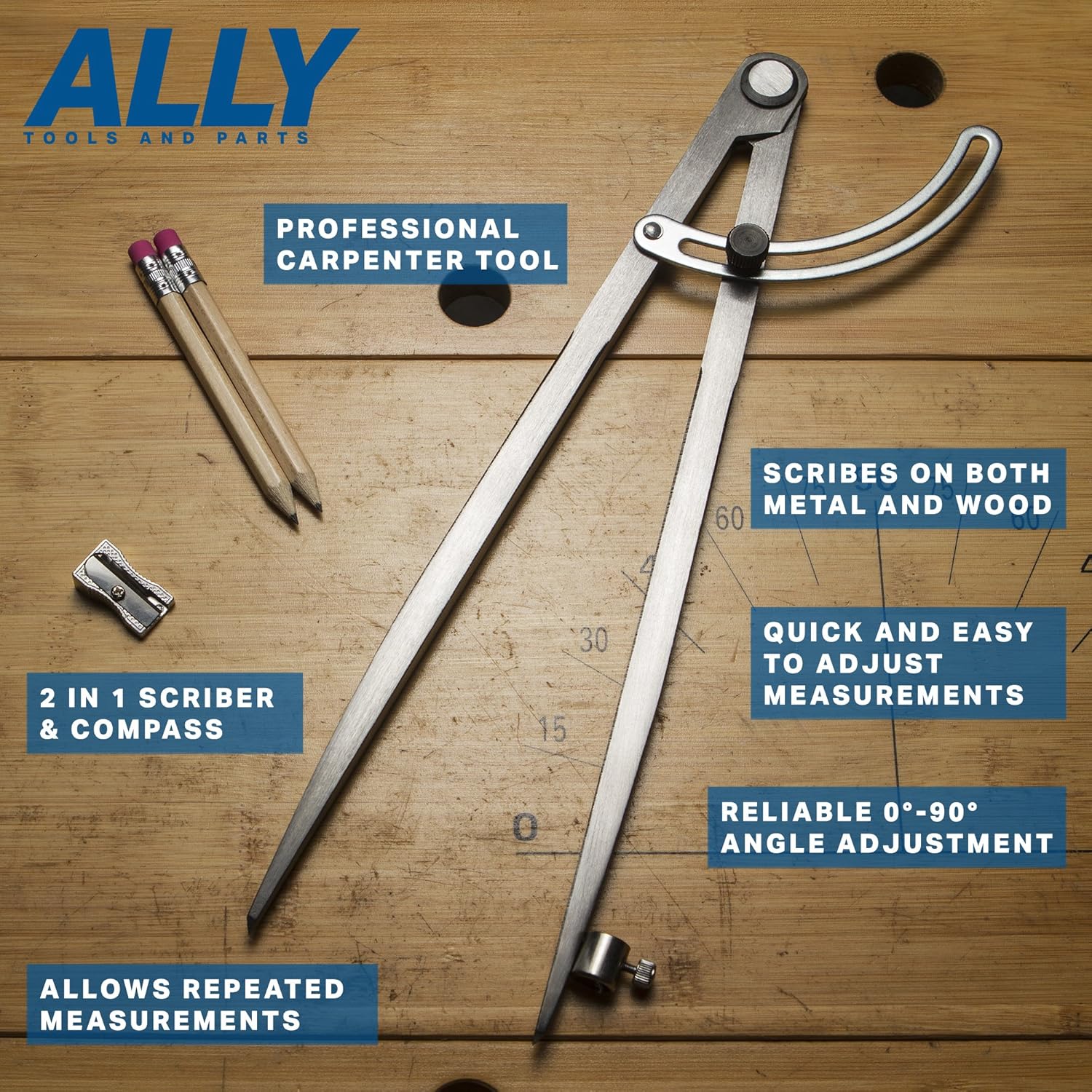 ALLY Tools Professional 12 inch Locking Wing Divider Pencil Holder/Compass Scribe INCLUDES Two Pencils and Metal Pencil Sharpener Ideal for Drawing Circles, Woodworking, Metalworking, and Leather Work: Home Improvement
