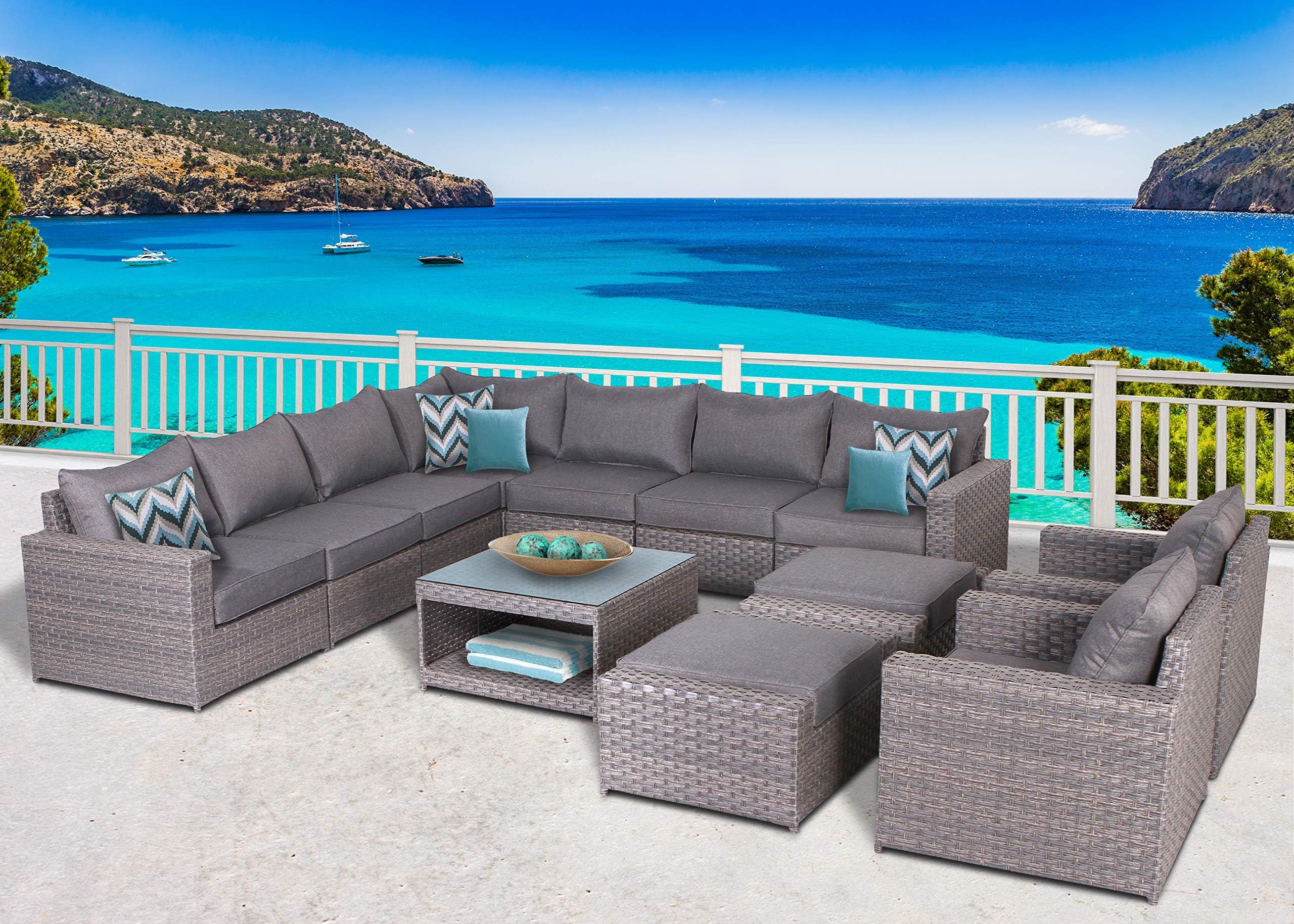 SunHaven Resin Wicker Outdoor Patio Furniture Set - 12 Piece Conversation Sectional Premium All Weather Gray Rattan Wicker, Aluminum Frame with Deluxe Fade Resistant Olefin Cushion (12 Piece Cromwell)