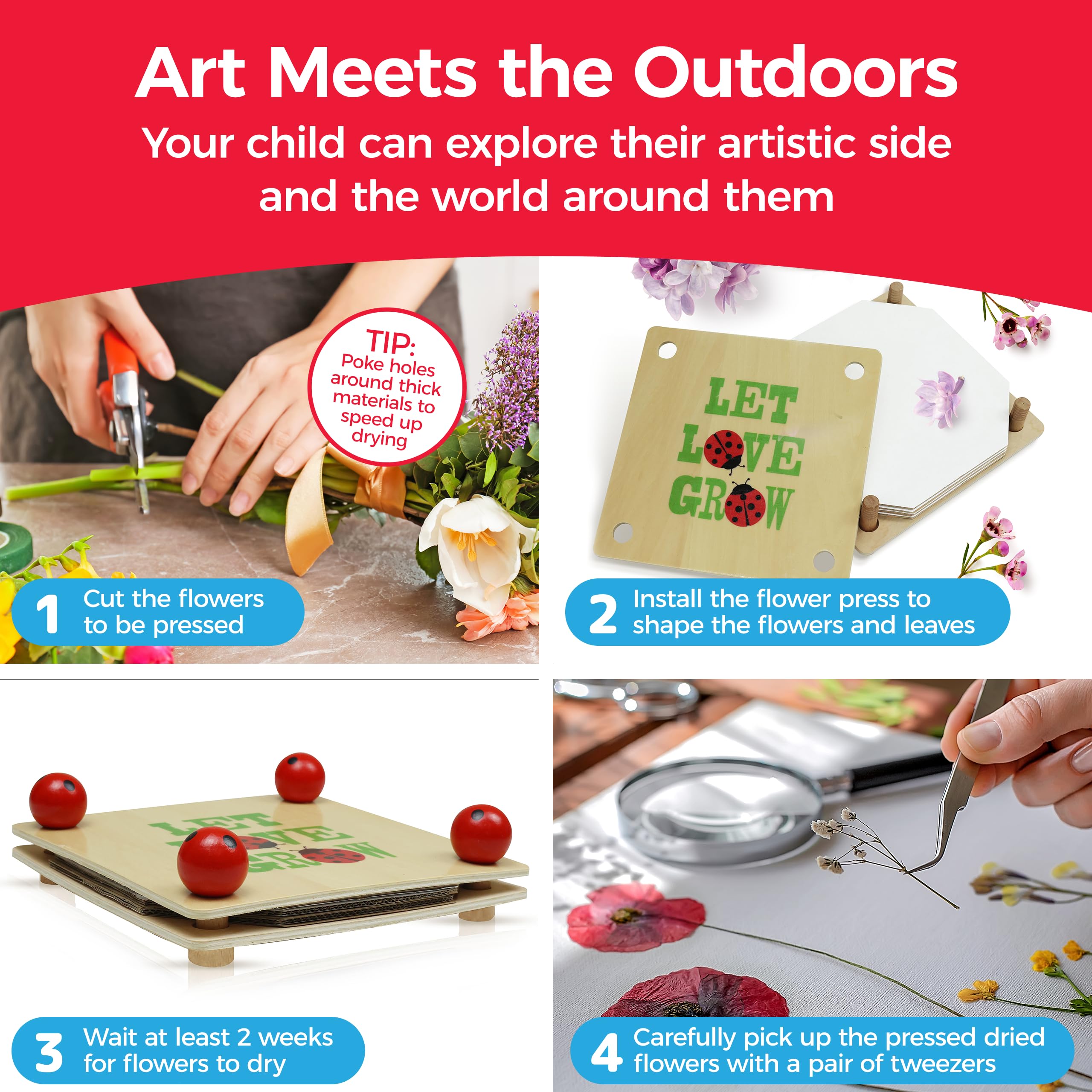 Gardening Pretend Play Set & Flower Press Kit - Kids Gardening Set with Apron, Pair of Gloves, 3 Garden Tools, Wooden Flower & Leaf Press - Safe Outdoor Tools for Kids & Teens