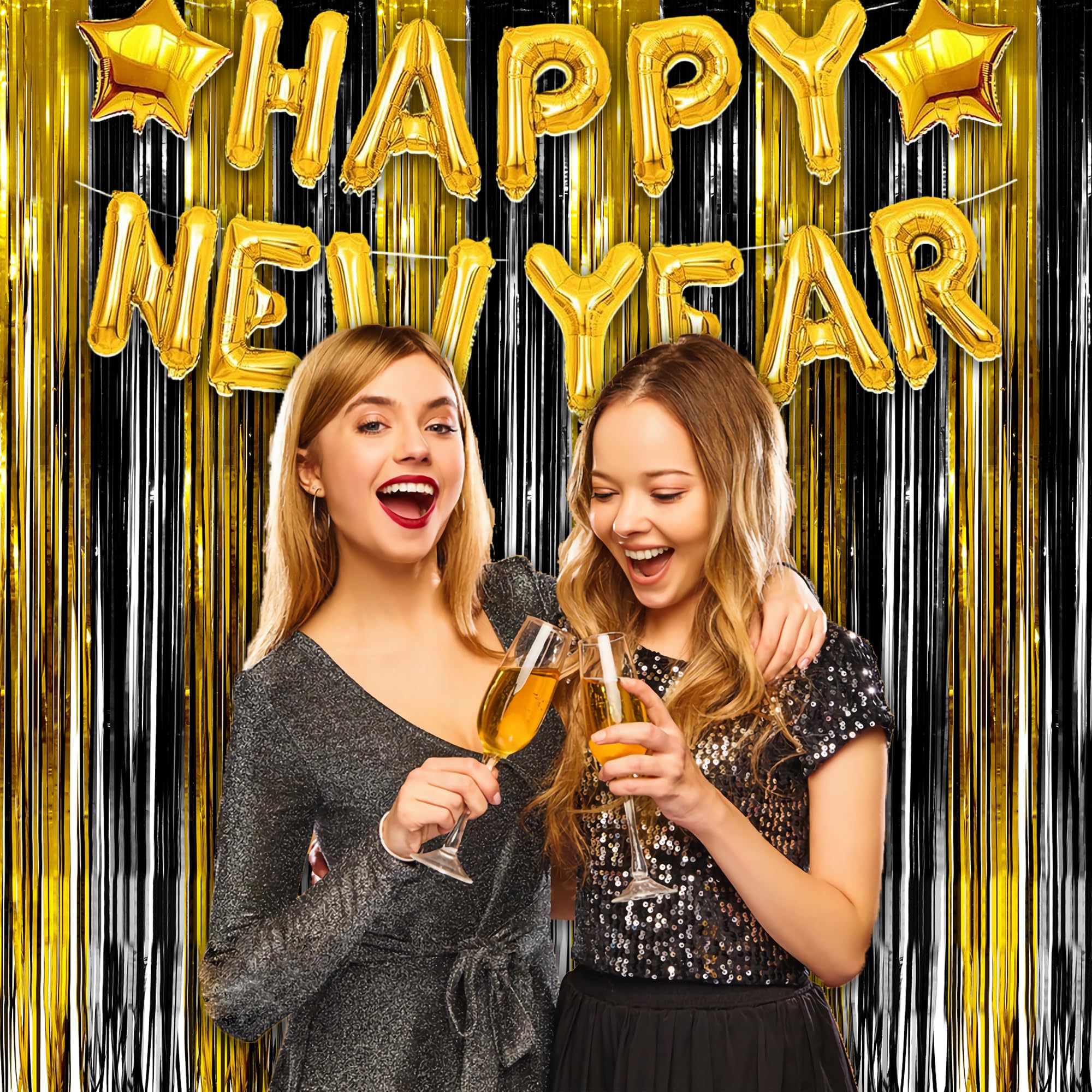 Black and Gold Party Streamers Decoration - GREATRIL Foil Fringe Backdrop for 2025 NYE/Anniversary/Farewell/Cocktail/Prom/EID/Birthdays - 3.2ft X 8.2ft - 2 Packs
