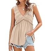 Glamaker Women Summer Tank Tops Babydoll Beach Lace Peplum Tops Boho Flowy Sleeveless V Neck Casual Tunic Shirts