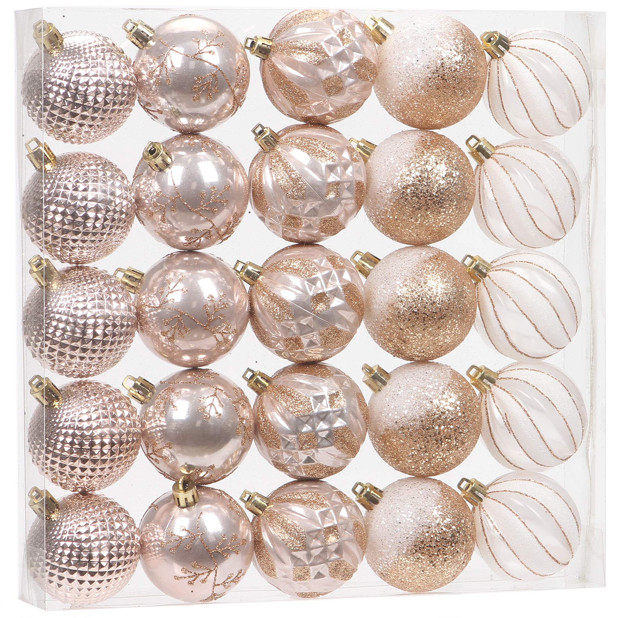 Sea Team 25-Pack Christmas Ball Ornaments with Strings, 60mm/2.36-Inch Medium Size Baubles, Shatterproof Plastic Christmas Bulbs, Hanging Decorations for Xmas Tree, Holiday, Wedding, Party, Rose Gold