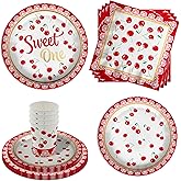 Sweet One Cherry Baby Girls 1st Birthday Party Supplies - 64 Piece Girl's First Birthday Tableware Set Includes Large 9" Dinner Plates and 8" Dessert Paper Plates Napkins Cups - Kit for 16