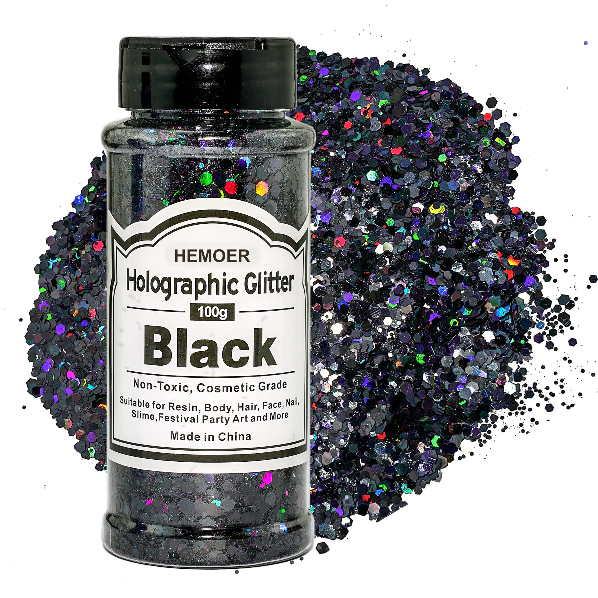 HEMOER Black Glitter, 100g/3.5oz Holographic Chunky Glitter Mixed Hexagon Chunky & Fine Flakes Iridescent Sequins for Epoxy Crafts, Resin, Nail Body, Tumblers, Halloween Party