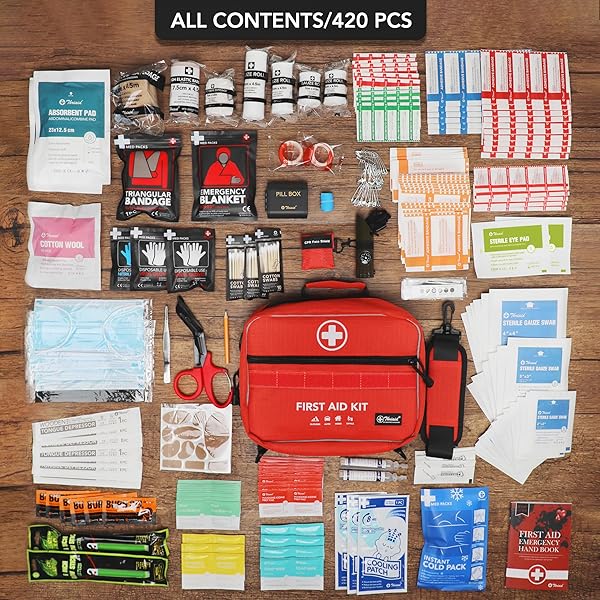 430 PIECE FIRST AID KIT, WELL-ORGANIZED PREMIUM WATERPROOF COMPACT TRAUMA MEDICAL KITS FOR ANY EMERGENCIES, IDEAL FOR HOME, OFFICE, CAR, TRAVEL, OUTDOOR, CAMPING, HIKING, BOATING (RED)