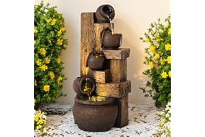 Dephet 5-Tiered Garden Waterfall Fountain Outdoor - 40''H Water Fountains and Waterfalls, Large Outdoor/Indoor Floor Standing Resin Water Fountain with LED Light for Patio, Garden and Home (Brown)