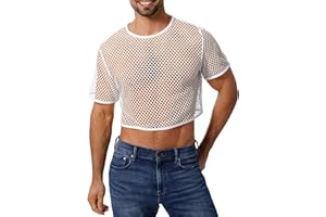 ABAFIP Men's Fishnet Shirts Sheer Short Sleeve Crop Top Mesh Tank Tops Rave Going Out Dance Tops