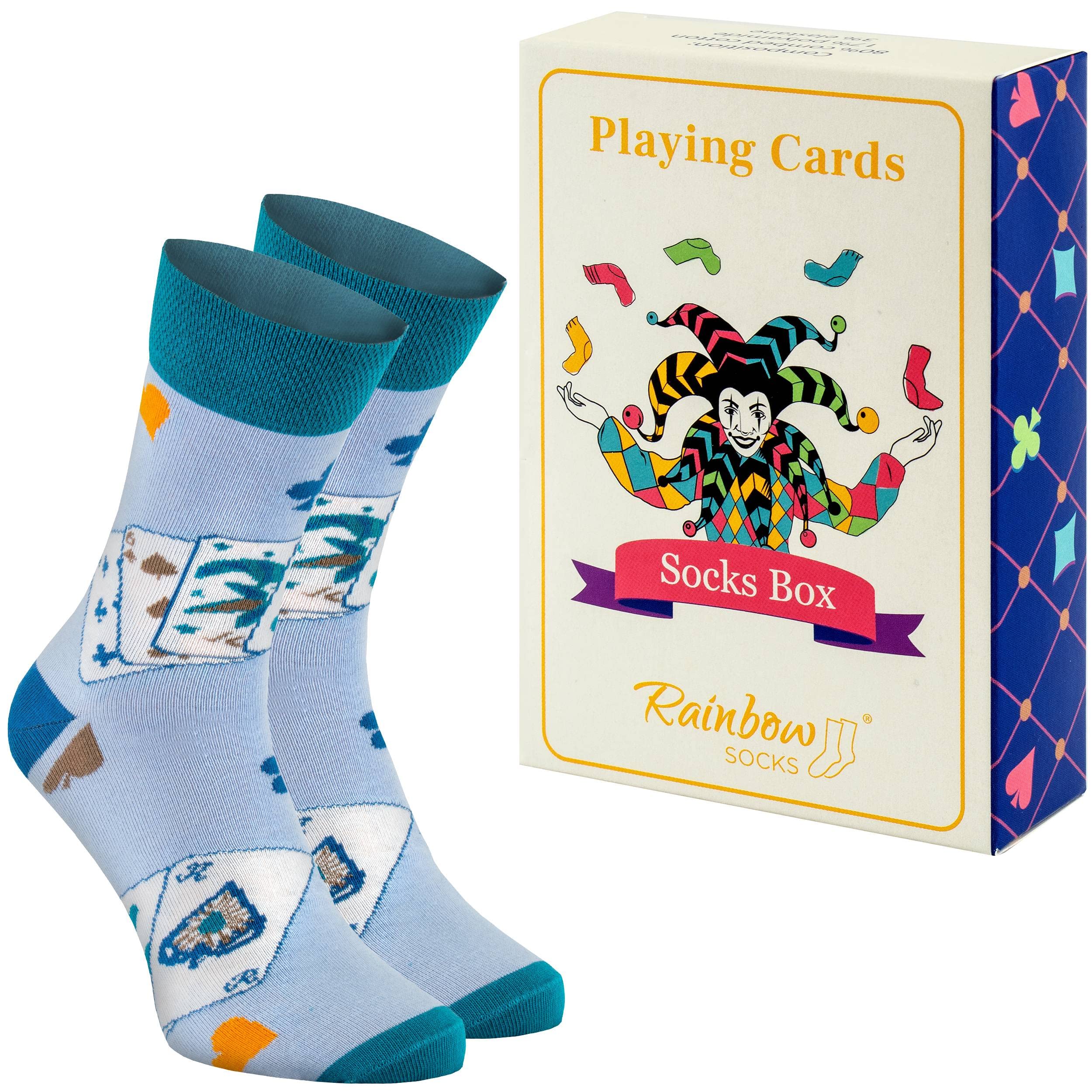 Rainbow Socks – Playing Cards Socks Box – 1 Pair, Muted Colours -Gift For A Fan Of Card Games– Size 12-14