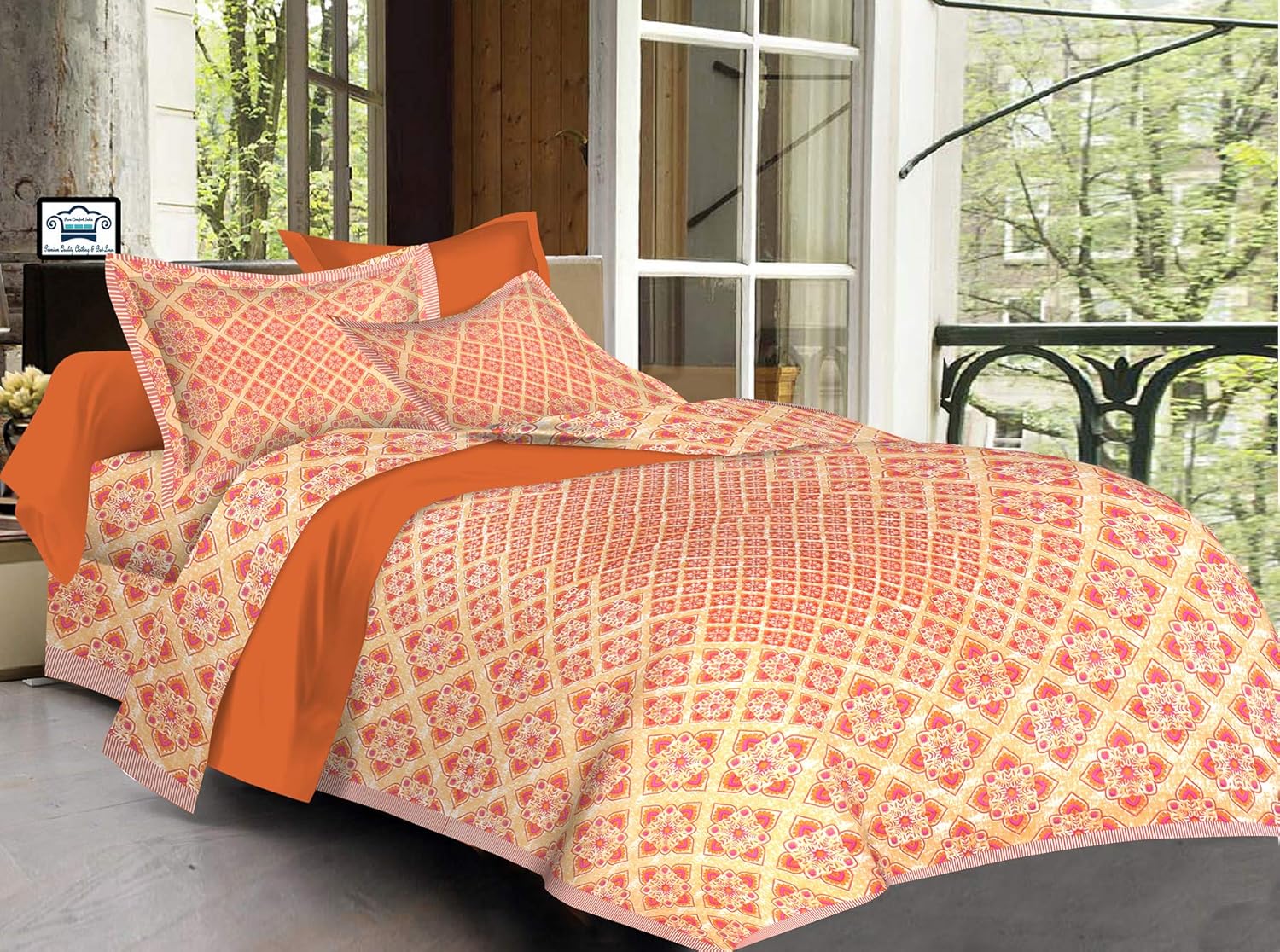 PURE COMFORT 100 Cotton Jaipuri Super King Size Double Bedsheet with 2