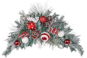 Valery Madelyn Pre-Lit Christmas Swag for Decorating Outdoor, 24 Inch Red White Mailbox Swag Decoration Teardrop with 20 LED Lights, Ball Ornaments for Front Door Stairway Window Shelf Xmas Decor