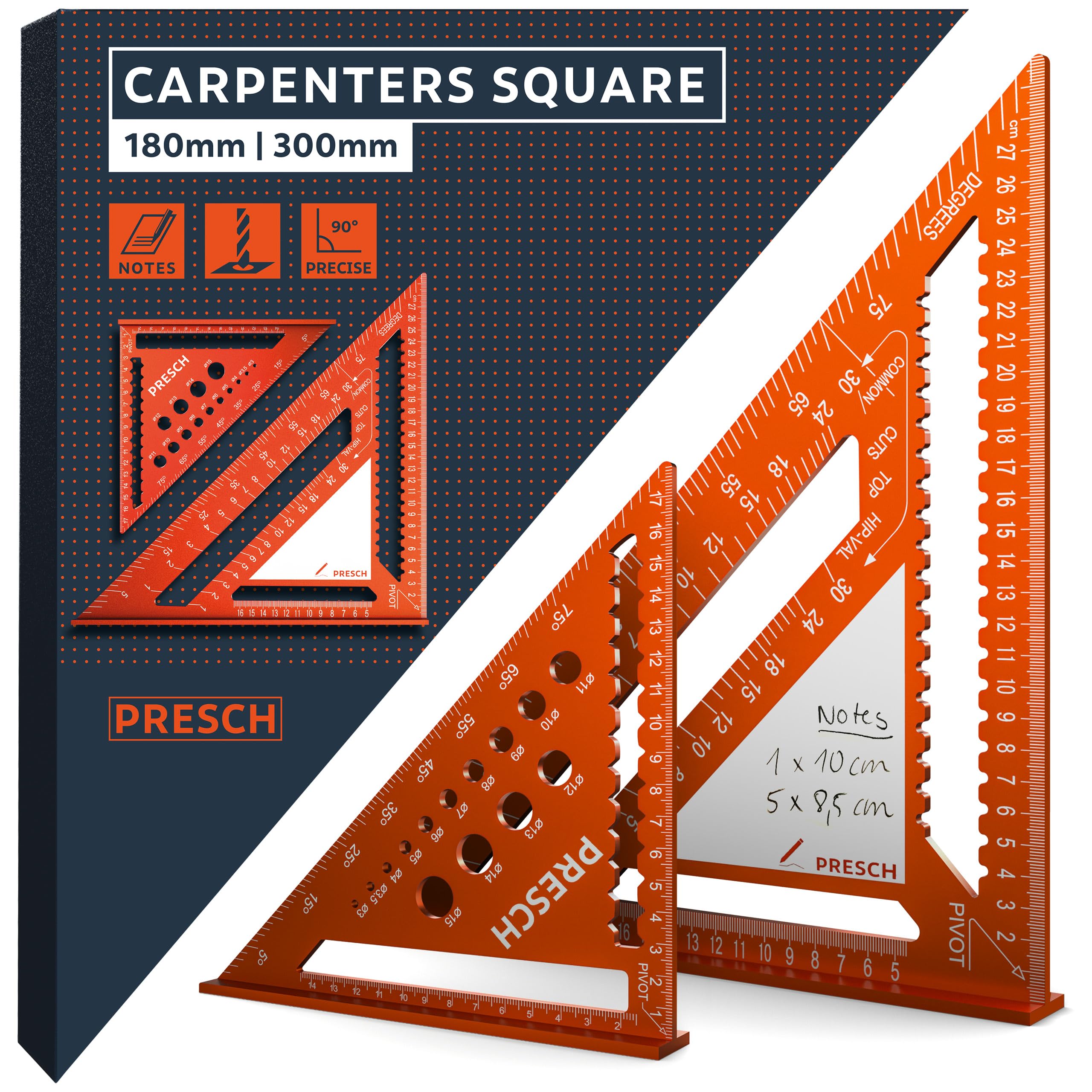 Presch Carpenters Square Set | 180mm & 300mm | Innovative wipeable note surface | Smart drilling guide for exact diameters | High-precision milled aluminum for permanently accurate 90° angles