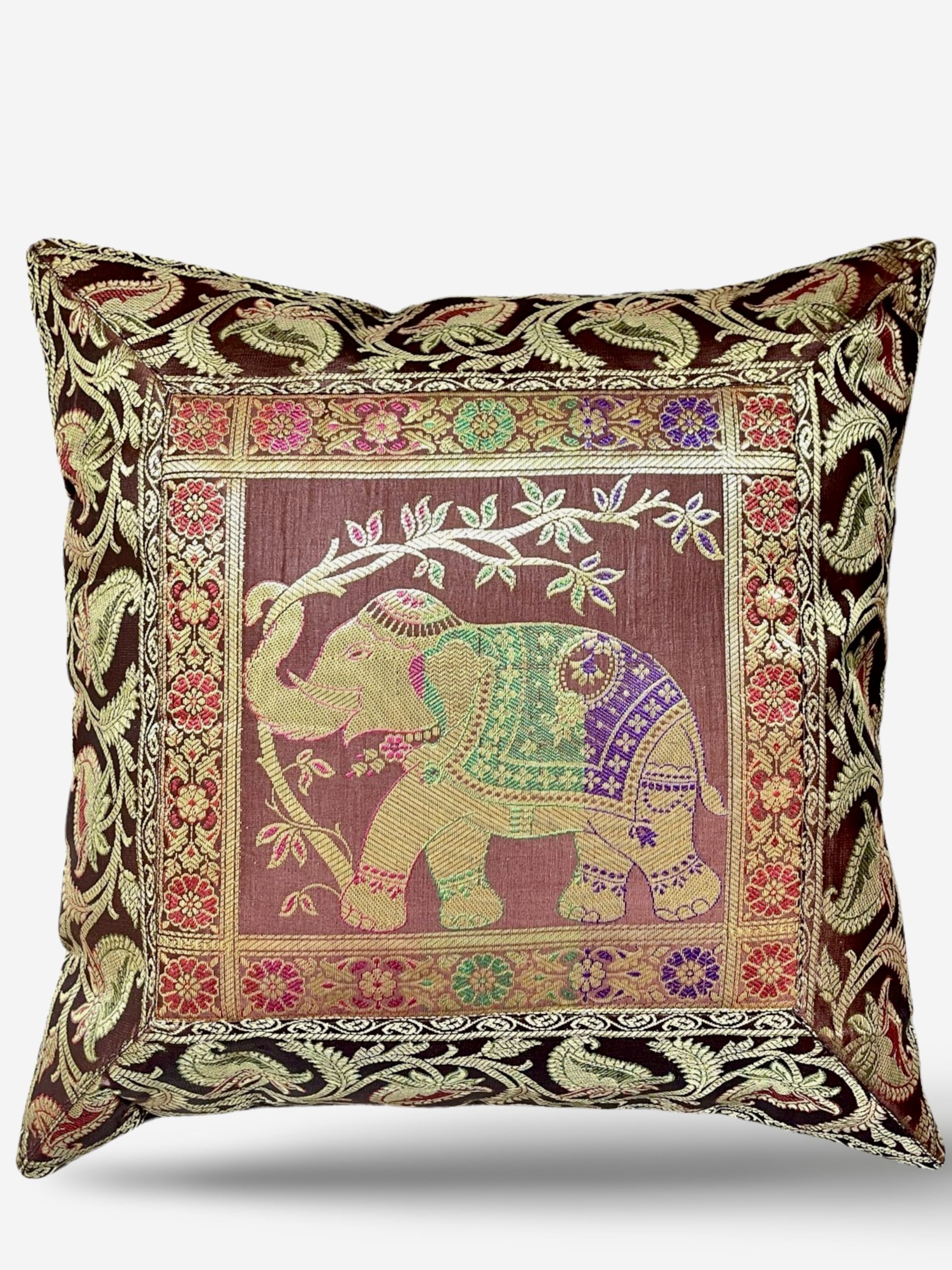 Original Kikan Indian Elephant Mandala Silk Cushion Covers Sari Brocade Boho Home Decor Cushion- Pillow Cases 16”x16” Zip Closure Banarsi | Ethnic - Handmade - Patchwork (Brown)