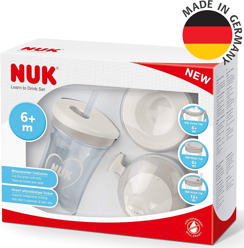 Learn to Drink Set con biberón Trainer Cup (6M+), Taza para sorber Magic Cup 360° (8M+) y taza para niños Action Cup (12M+), 230 ml, sin BPA, Gris y blanco