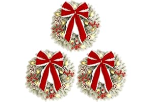 ATDAWN 3 Pcs Mini Christmas Wreath, 15 Inch Outdoor Lighted Christmas Wreath for Front Door, Xmas Wreath for Holiday Christmas Party Decorations