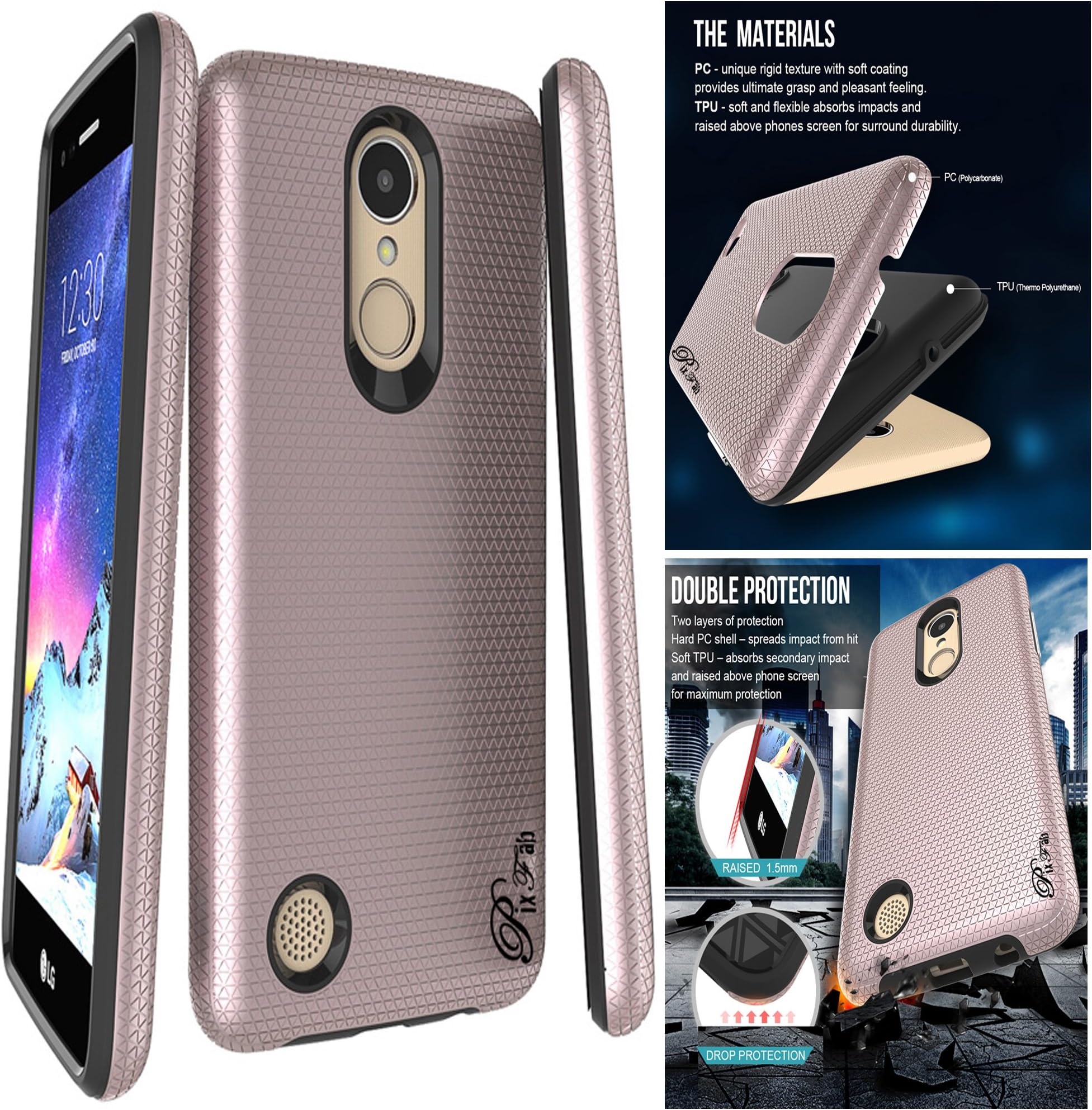 PIXFAB LG K8 2017 M200N X240F X300 LV3 Genuine Shock Proof Hard Back Phone Case Cover Carbon Design (DUAL LAYER) - RoseGold + Screen Protector