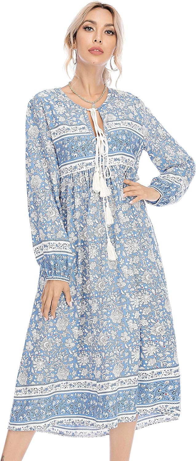 R.Vivimos Women's Long Sleeve Floral Print Retro V Neck Tassel Bohemian Midi Dresses: Clothing