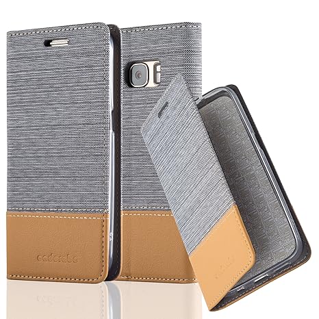 Cadorabo Hülle für Samsung Galaxy S7 - Hülle in HELL GRAU BRAUN – Handyhülle mit Standfunktion und Kartenfach im Stoff Design