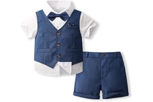 Volunboy Baby Boys Summer Suits Short Sleeve Wedding Ring Bearer Outfits 4Pcs Graduation Dress Vest Shirt Bowtie Shorts Set