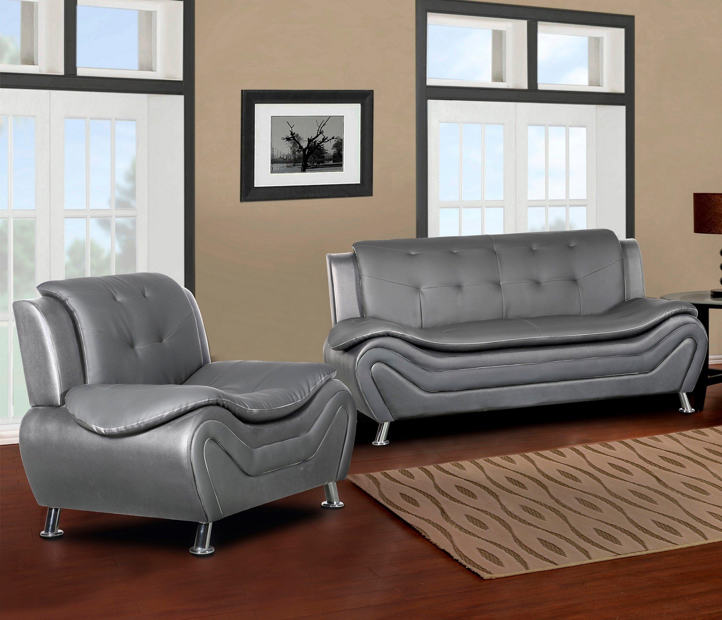 Container Furniture Direct Arul Linen Upholstered Mid Century Modern Set Sofa Chair, Grey
