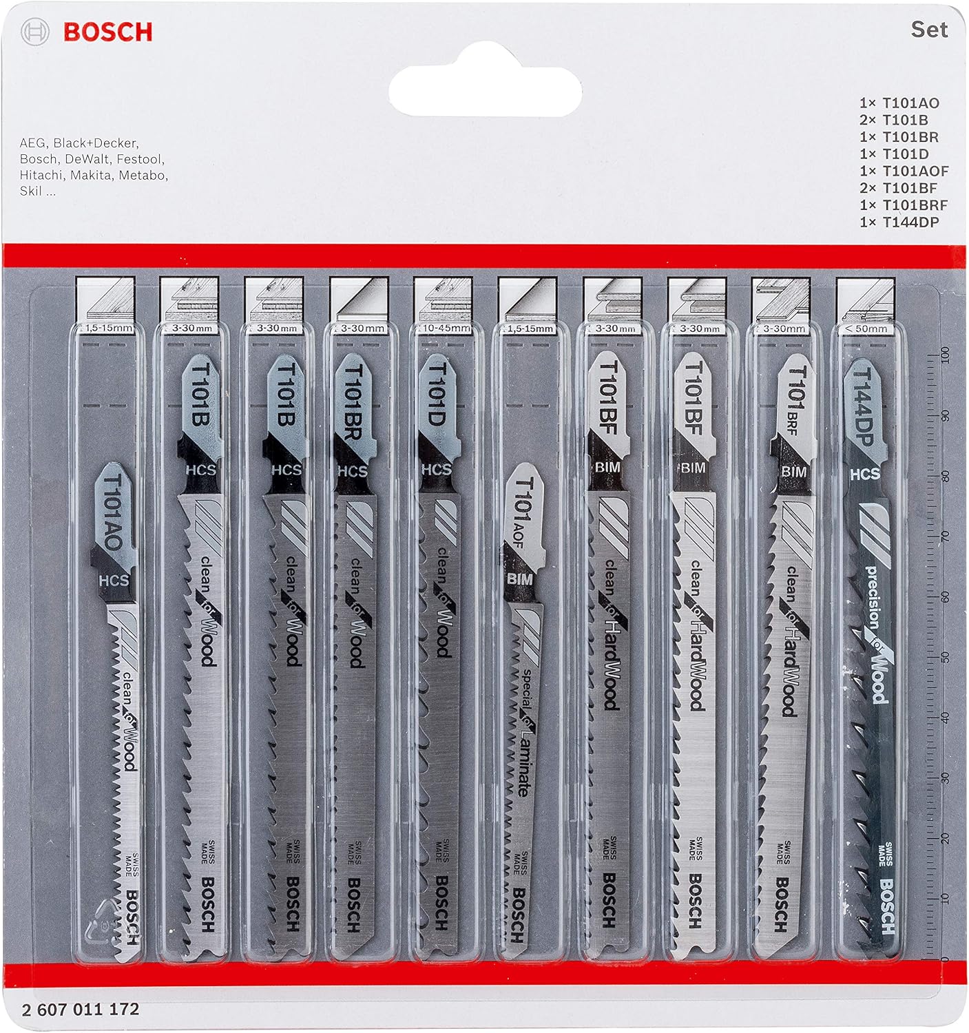 Bosch Professional 2607011172 10-Piece Jigsaw Blades Set Clean for Wood and Laminate Accessory for Jigsaw with T-Shank Attachment