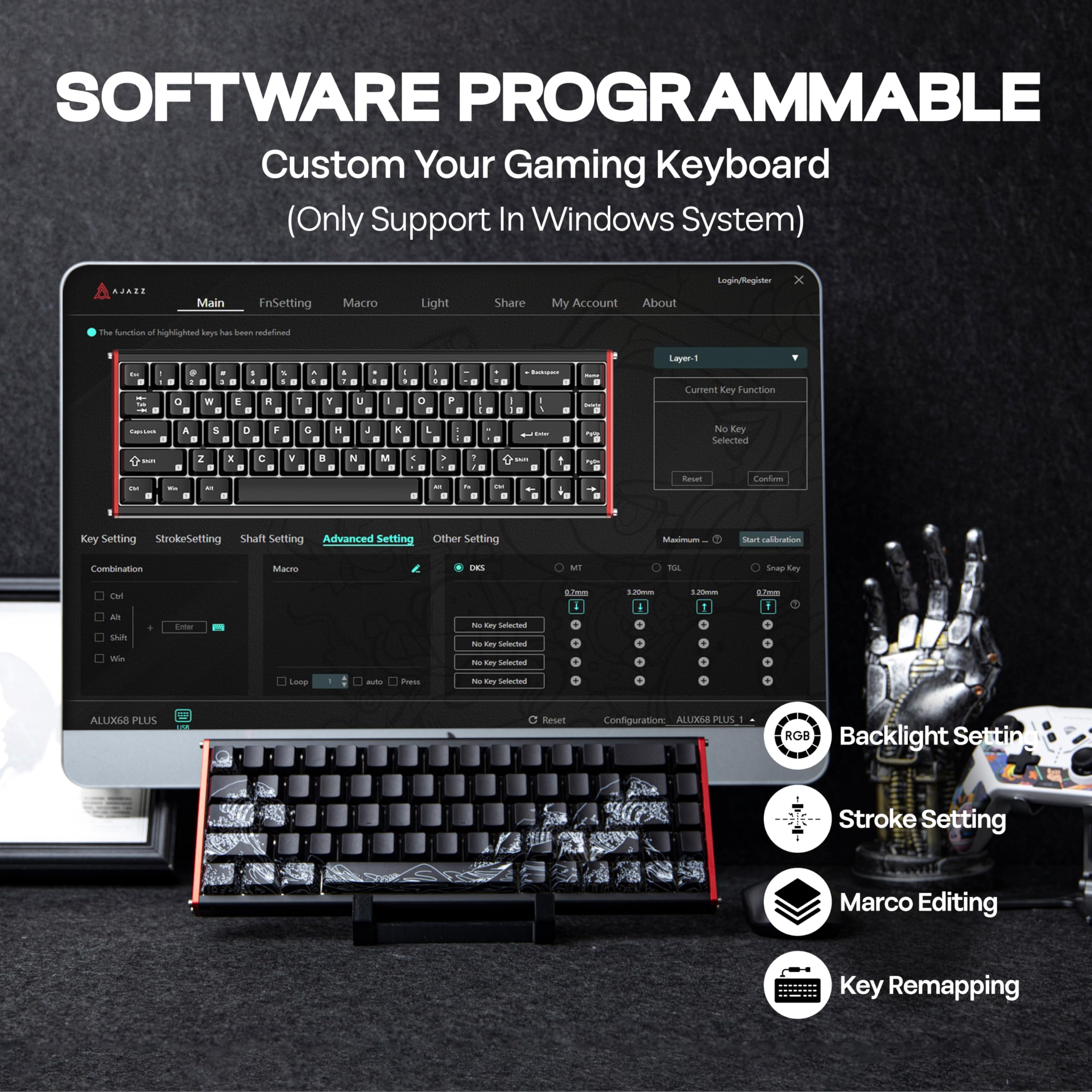 AJAZZ ALUX68 HE Aluminum Rapid Trigger Gaming Keyboard with Magnetic Switch, Wired Hall Effect Keyboard with 8K Polling Rate, 0.125ms Latency, RGB Backlight (Black Side-Printed, ALUX68)