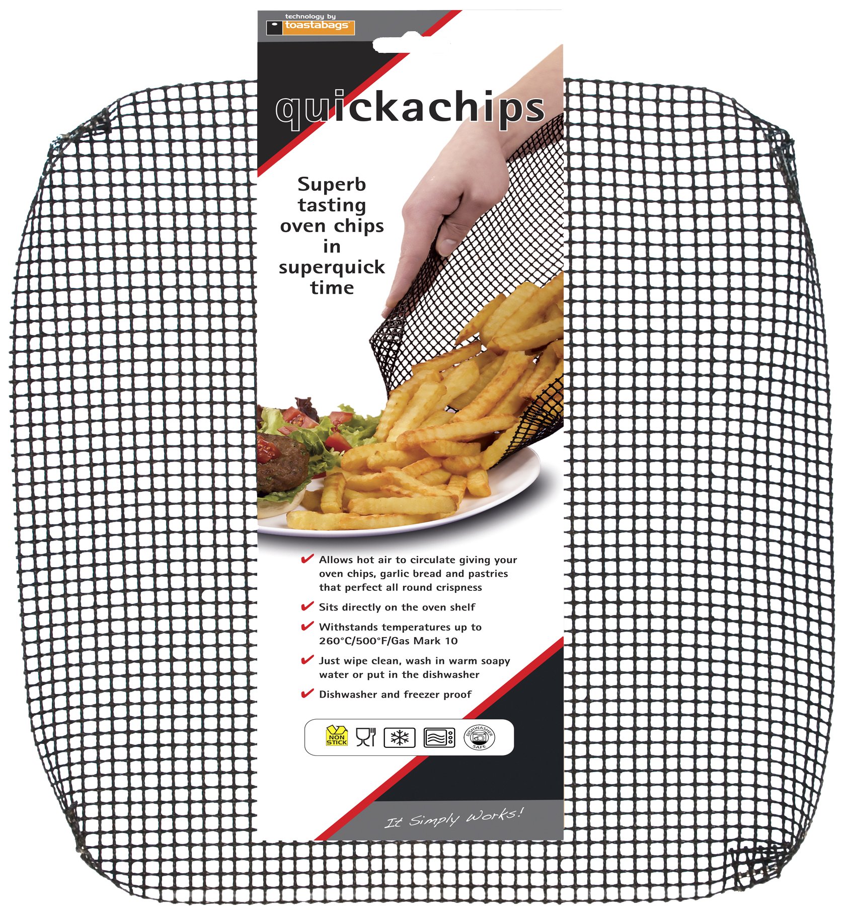 QuickaChips Oven Mesh Chip Tray 2 Pack – Non Stick Crisping Baking Tray, Black Airflow Mesh Oven Tray for Crispy Chips, Fries, Pizza & Snacks – Even Heat Cooking Oven Rack