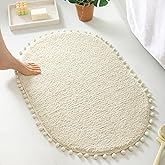 YIRDDEO Oval Bathroom Rugs Beige Rug with Pom Cream Bath Mat for Bedroom Non Slip Cute Boho Absorbent Mats Soft Plush Washable Rug (20x30 inches)