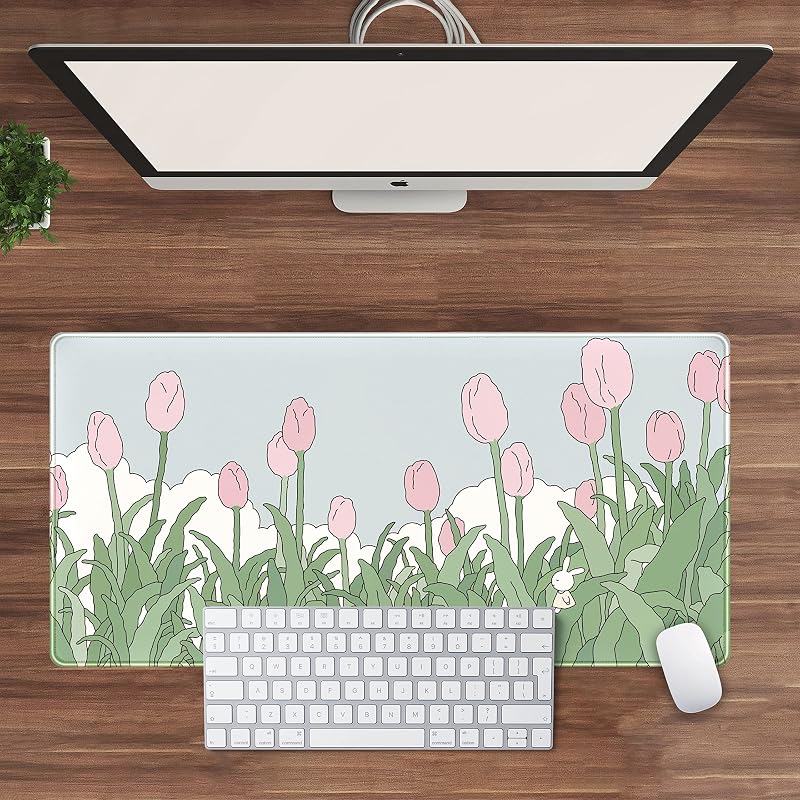 Alfombrilla para ratón inalámbrico, para juegos, extragrande XXL, para escritorio, anime kawaii, bordes cosidos, 80 x 40 cm, diseño de tulipán rosa y verde