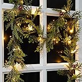 MINDELF 6 FT Artificial Christmas Garland, Faux Spruce Evergreen Garland with 20 LED Lights, Red Gold Ball Ornaments and Stars, Lighted with Timer, Perfect for Christmas Indoor Outdoor Decoration