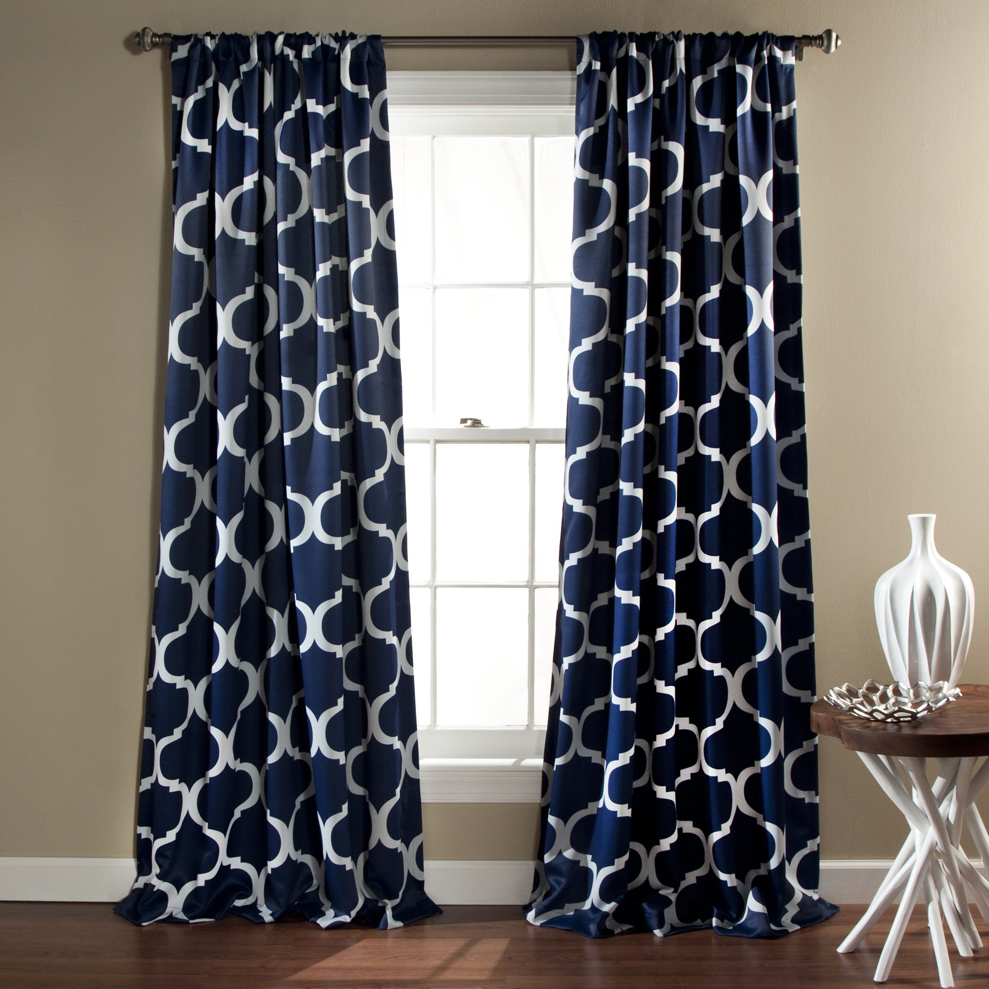 Lush Decor Geo Trellis Curtains Light Filtering Window Panel Set for Living, Dining, Bedroom (Pair), 84” x 54”, Navy
