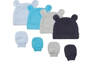 FITFIFTH POD Baby Girl Boy Cotton Cute Beanie Hat 0~6Months Double Layer Fabric 8PCS Infant Bear Ears Cap Anti-Scratch Gloves