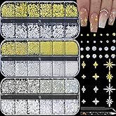 HNUIX Star Nail Charms - 3D Metal Gold & Silver Caviar Beads, Flatback AB White Nail Rhinestones and Gems, Half Round Pearls, with Kit, for Nail Art, DIY Craft Accessories Manicure Decor
