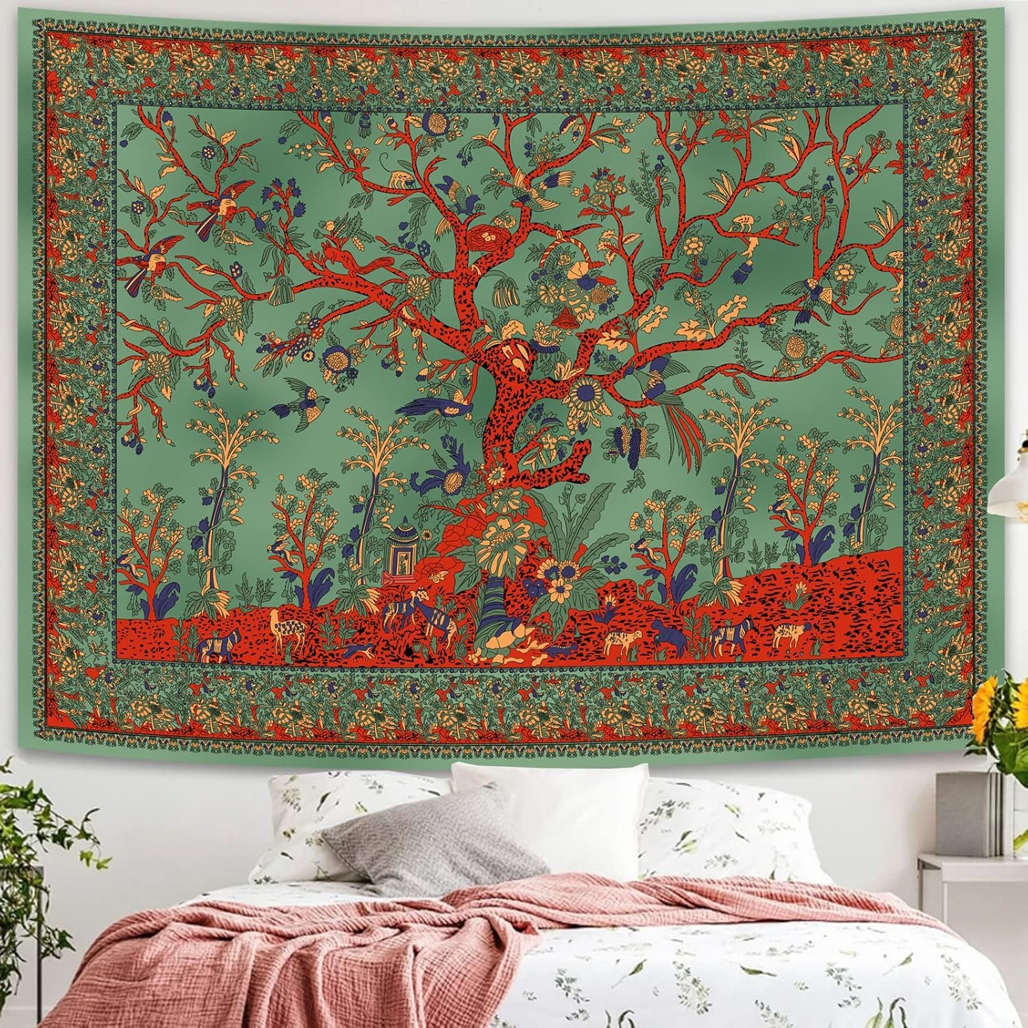 Simpkeely Tree of Life Tapestry, Aesthetic Indian Mandala Wall Hanging, Tie Dye Bohemian Tapestries Wall Art Décor for Bedroom, Dorm, Living Room 130cm x 150cm (Green)