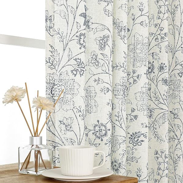 VISION HOME BLUE FLORAL LINEN CURTAINS BACK TABS...
