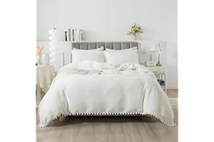 SOFTTA Cotton Boho Bedding Full White Pompom Duvet Cover Set 3 Pcs Waffle Weave Coconut Quilt Cover Reversible Cotton Soft Breathable Comforter Cover for Baby Teen Girls