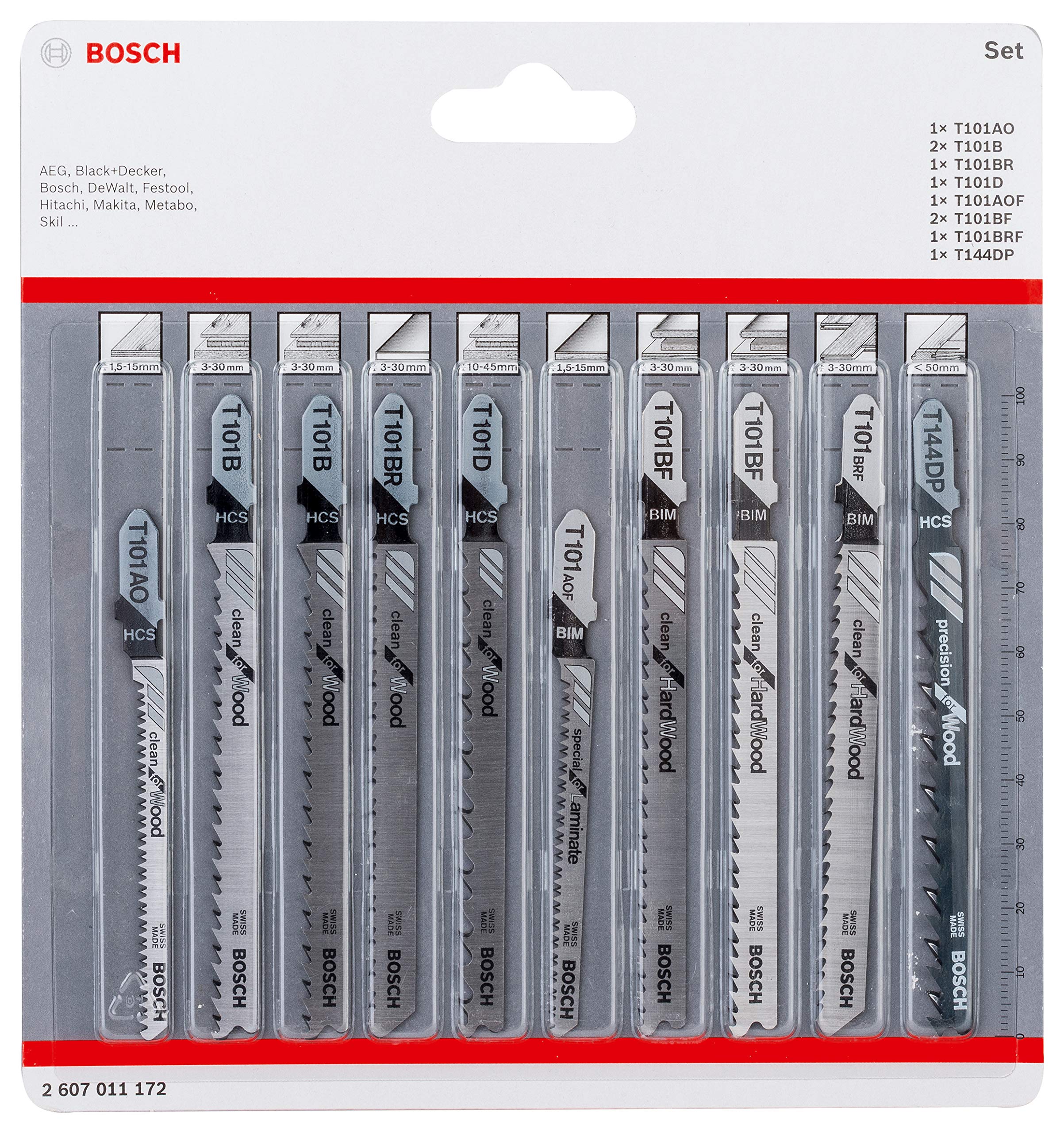 Bosch Professional 2607011172 10-Piece Jigsaw Blades Set Clean for Wood and Laminate, Accessory for Jigsaw with T-Shank Attachment, 0.5 cm*16.8 cm*15.9 cm