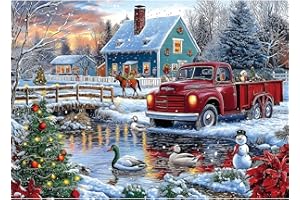 BLUEFOREST Christmas Winter Scene Jigsaw Puzzle 1000 Pieces for Adults Vintage Red Truck Snowy Country Blue House Ducks Snowman Holiday ICY River Landscape Festival Family Games for Adults