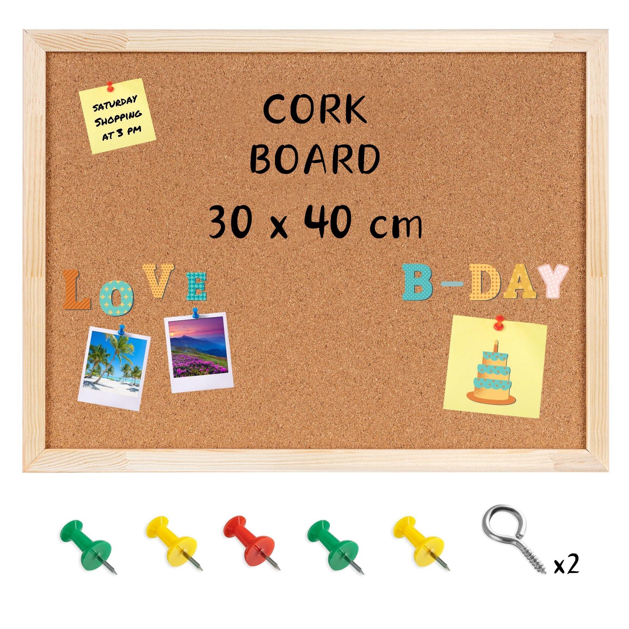 Creative Home 30 x 40 cm (+- 2cm) Cork Board | Wooden Pine Frame | 5 Push Pins Included | Small Pin Board Notice Board Perfect Display Corkboard for Office, Home, Kitchen, Bedroom, School, Café