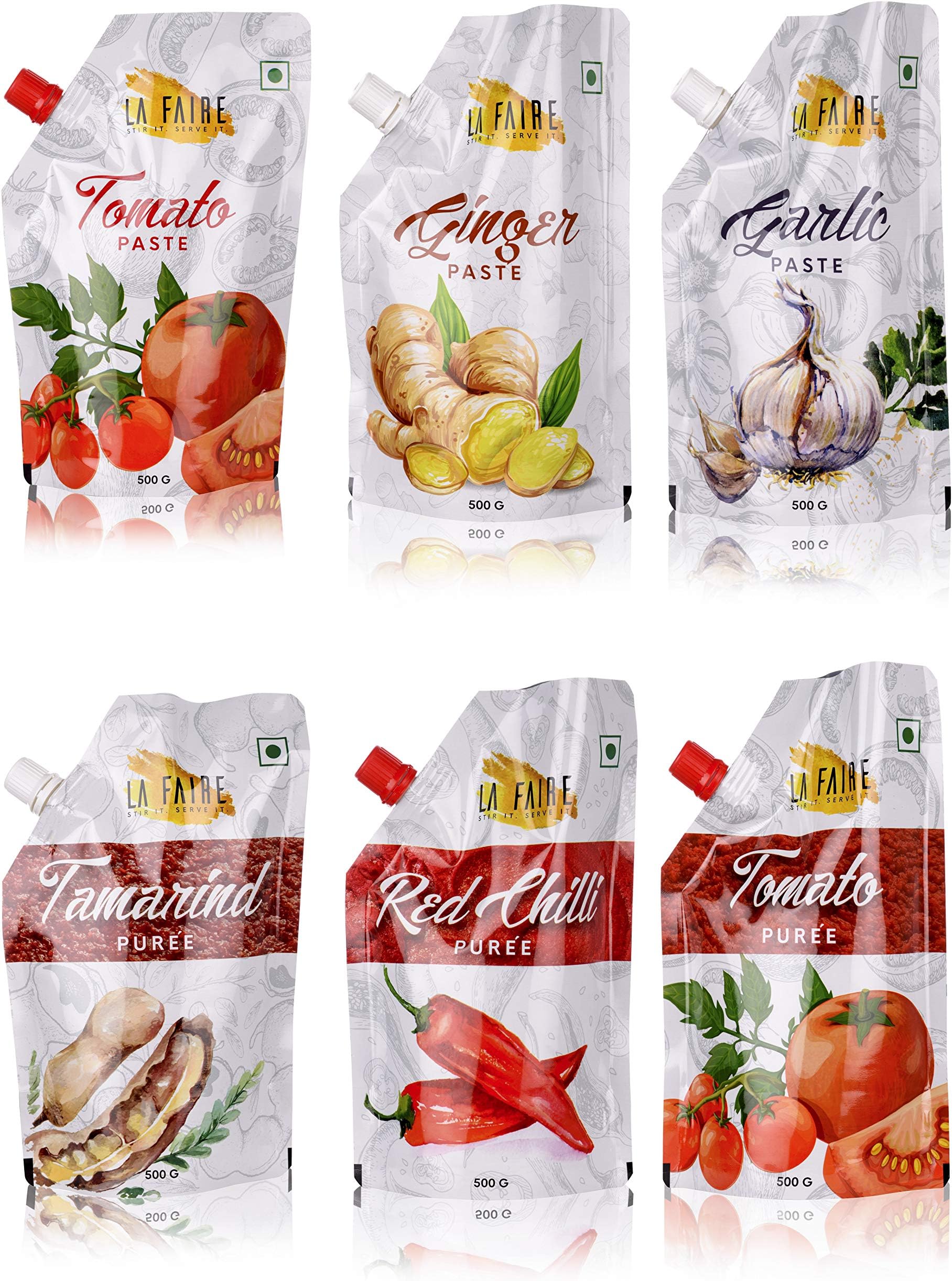 La Faire Tomato Paste, Tomato Puree, Red Chilli Puree, Tamarind Puree, Garlic Paste and Ginger Paste, 3 kg (Combo of 6)