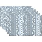 LilyCat Linen Fabric Blue Floral Placemats, Stripes Durable Boho Dining Table Mats for Kitchen, Rustic Vintage Washable Place Mats Set of 6, 18’’× 12’’